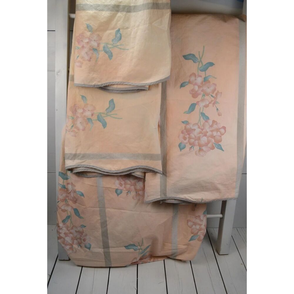 Vintage JcPenney Twin Sheet Set,  Peach Gray Floral Hydrangea